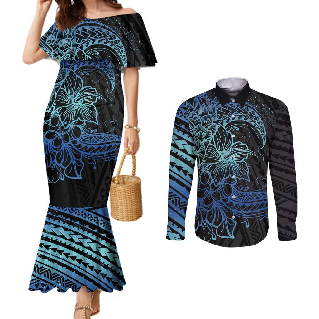 Floral Polynesian Hibiscus Tattoo Couples Matching Mermaid Dress and Long Sleeve Button Shirt Blue Gradient Style LT9 Blue - Polynesian Pride