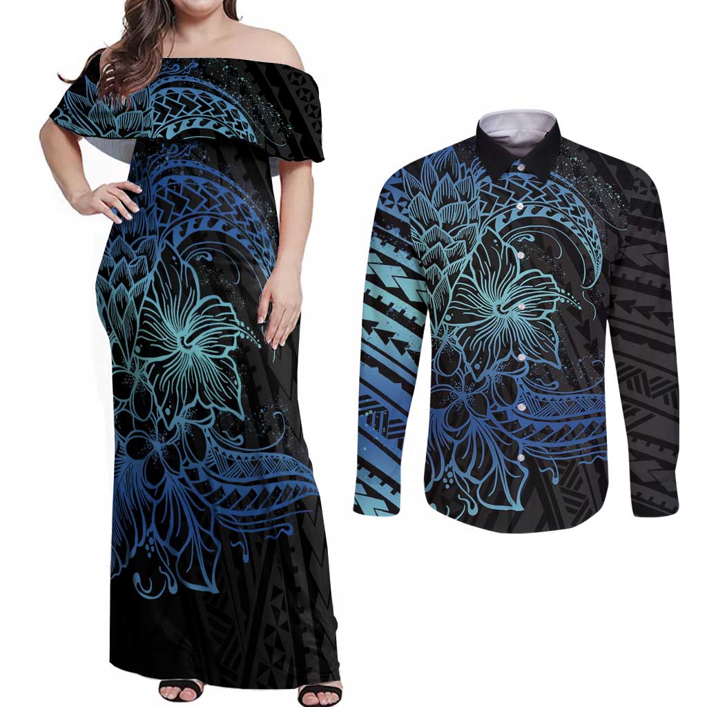 Floral Polynesian Hibiscus Tattoo Couples Matching Off Shoulder Maxi Dress and Long Sleeve Button Shirt Blue Gradient Style LT9 Blue - Polynesian Pride