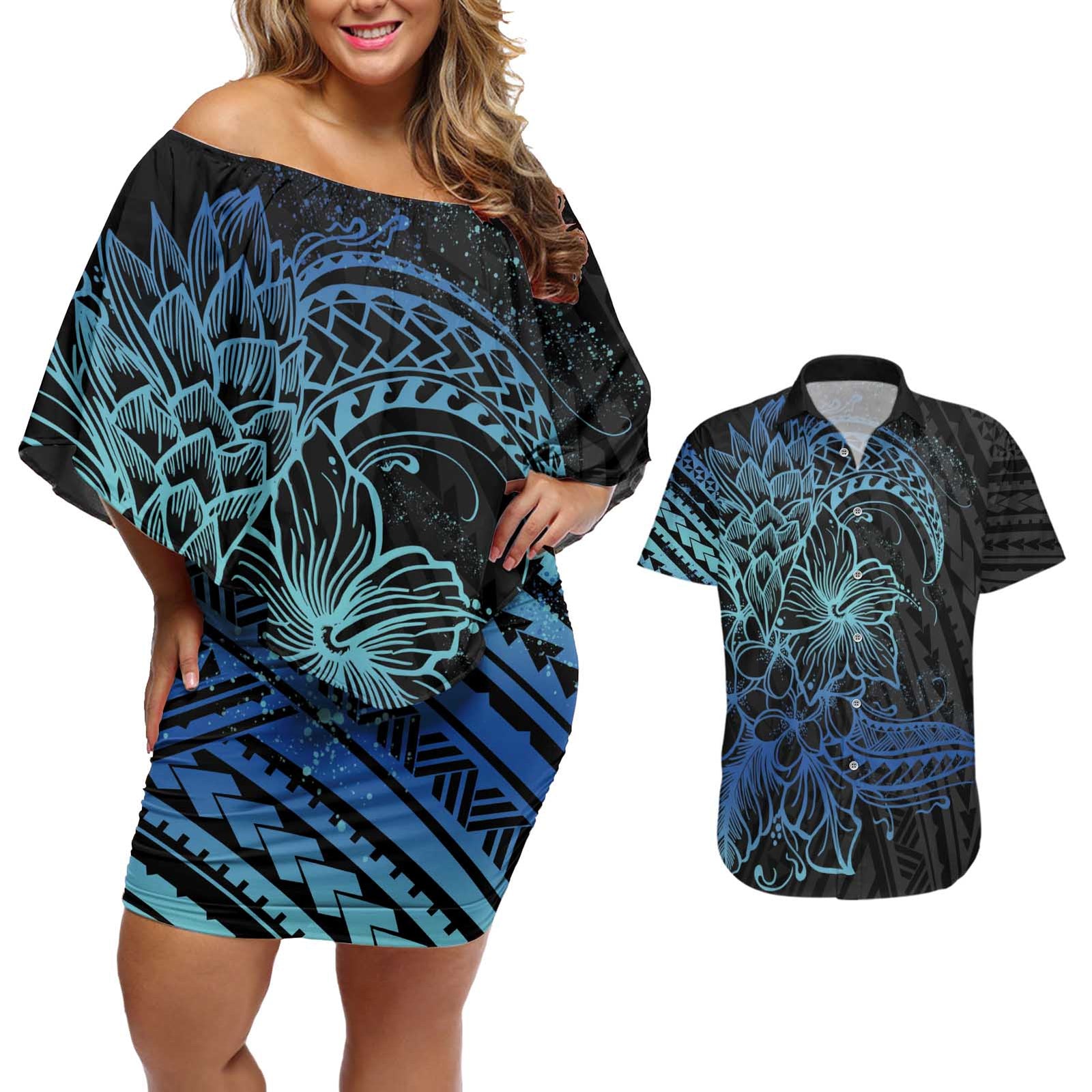 Floral Polynesian Hibiscus Tattoo Couples Matching Off Shoulder Short Dress and Hawaiian Shirt Blue Gradient Style LT9 Blue - Polynesian Pride