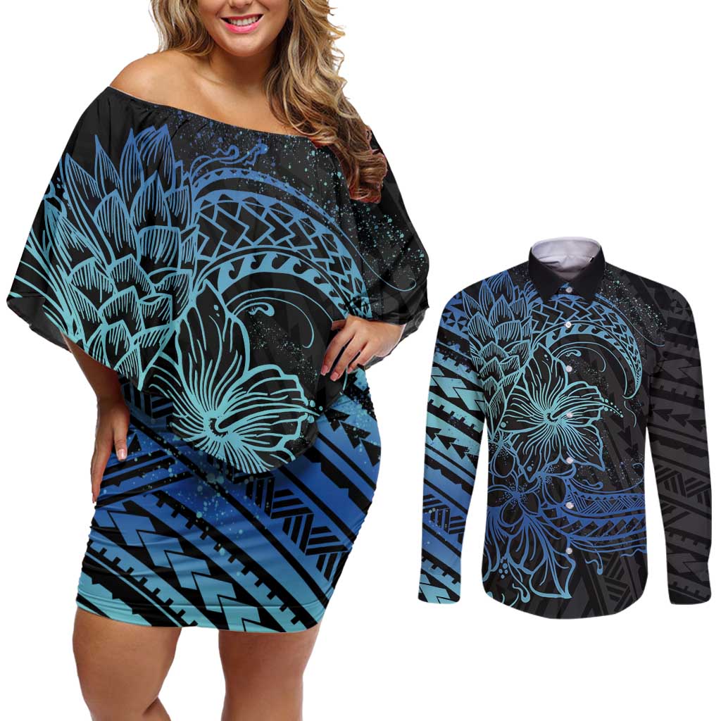 Floral Polynesian Hibiscus Tattoo Couples Matching Off Shoulder Short Dress and Long Sleeve Button Shirt Blue Gradient Style LT9 Blue - Polynesian Pride