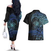 Floral Polynesian Hibiscus Tattoo Couples Matching Off The Shoulder Long Sleeve Dress and Hawaiian Shirt Blue Gradient Style LT9 - Polynesian Pride