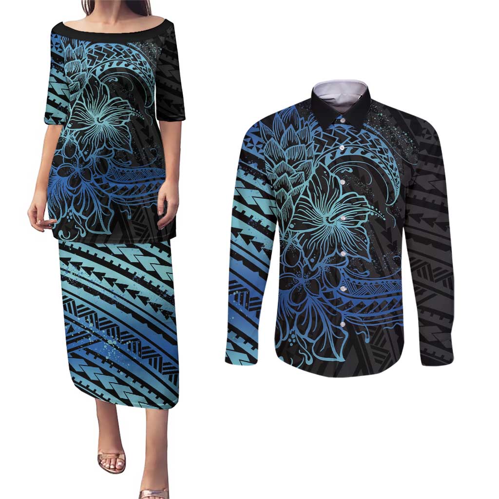 Floral Polynesian Hibiscus Tattoo Couples Matching Puletasi and Long Sleeve Button Shirt Blue Gradient Style