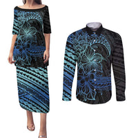 Floral Polynesian Hibiscus Tattoo Couples Matching Puletasi and Long Sleeve Button Shirt Blue Gradient Style