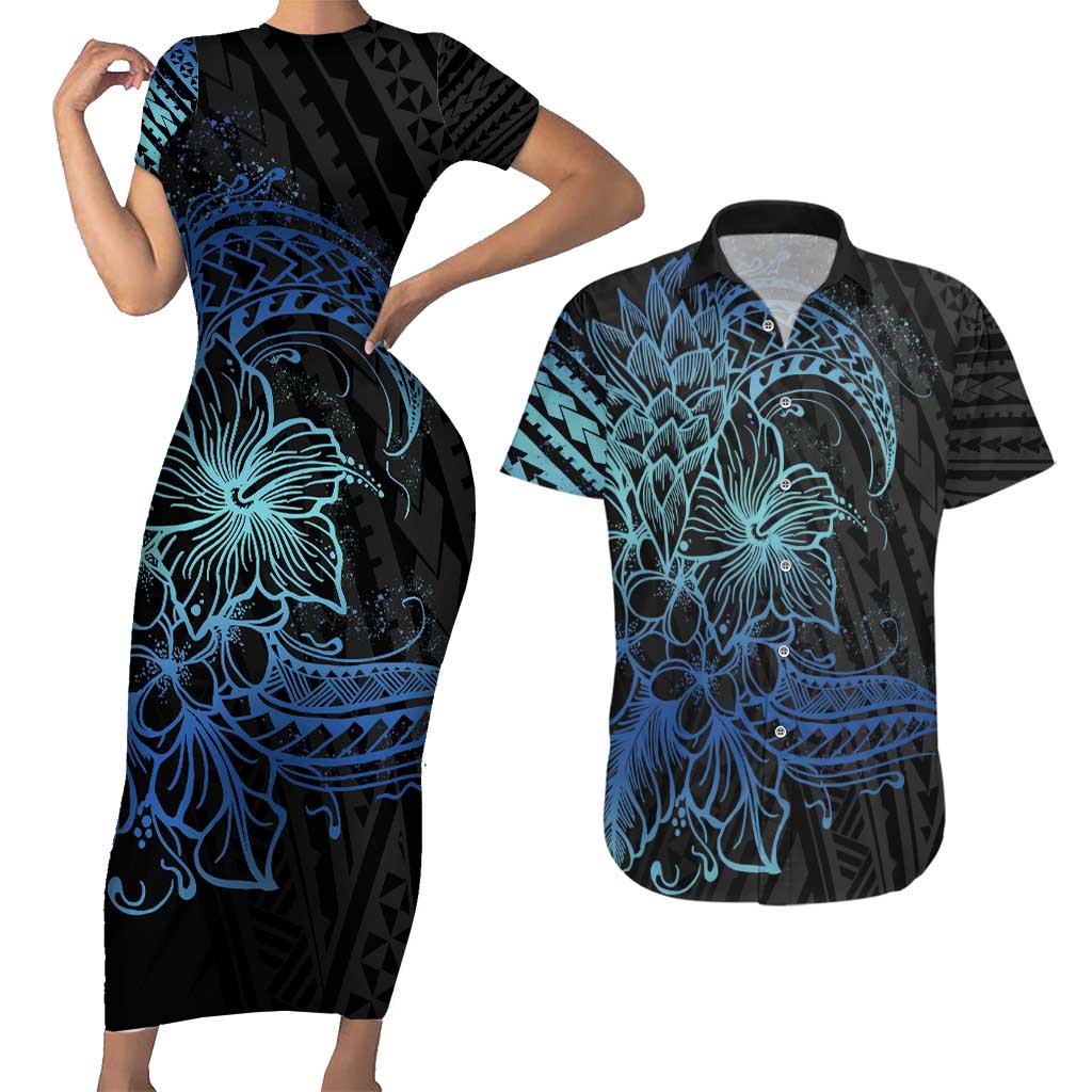 Floral Polynesian Hibiscus Tattoo Couples Matching Short Sleeve Bodycon Dress and Hawaiian Shirt Blue Gradient Style LT9 Blue - Polynesian Pride