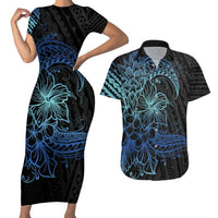 Floral Polynesian Hibiscus Tattoo Couples Matching Short Sleeve Bodycon Dress and Hawaiian Shirt Blue Gradient Style LT9 Blue - Polynesian Pride