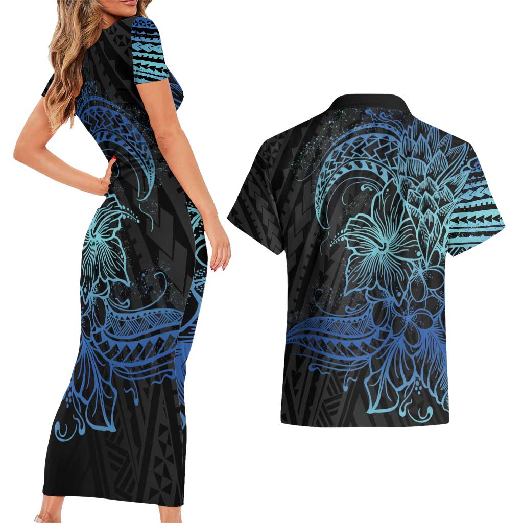 Floral Polynesian Hibiscus Tattoo Couples Matching Short Sleeve Bodycon Dress and Hawaiian Shirt Blue Gradient Style LT9 - Polynesian Pride