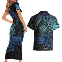 Floral Polynesian Hibiscus Tattoo Couples Matching Short Sleeve Bodycon Dress and Hawaiian Shirt Blue Gradient Style LT9 - Polynesian Pride