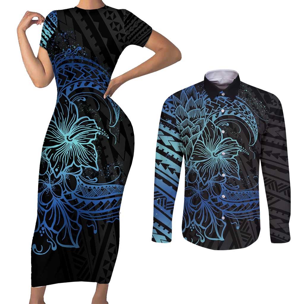 Floral Polynesian Hibiscus Tattoo Couples Matching Short Sleeve Bodycon Dress and Long Sleeve Button Shirt Blue Gradient Style LT9 Blue - Polynesian Pride