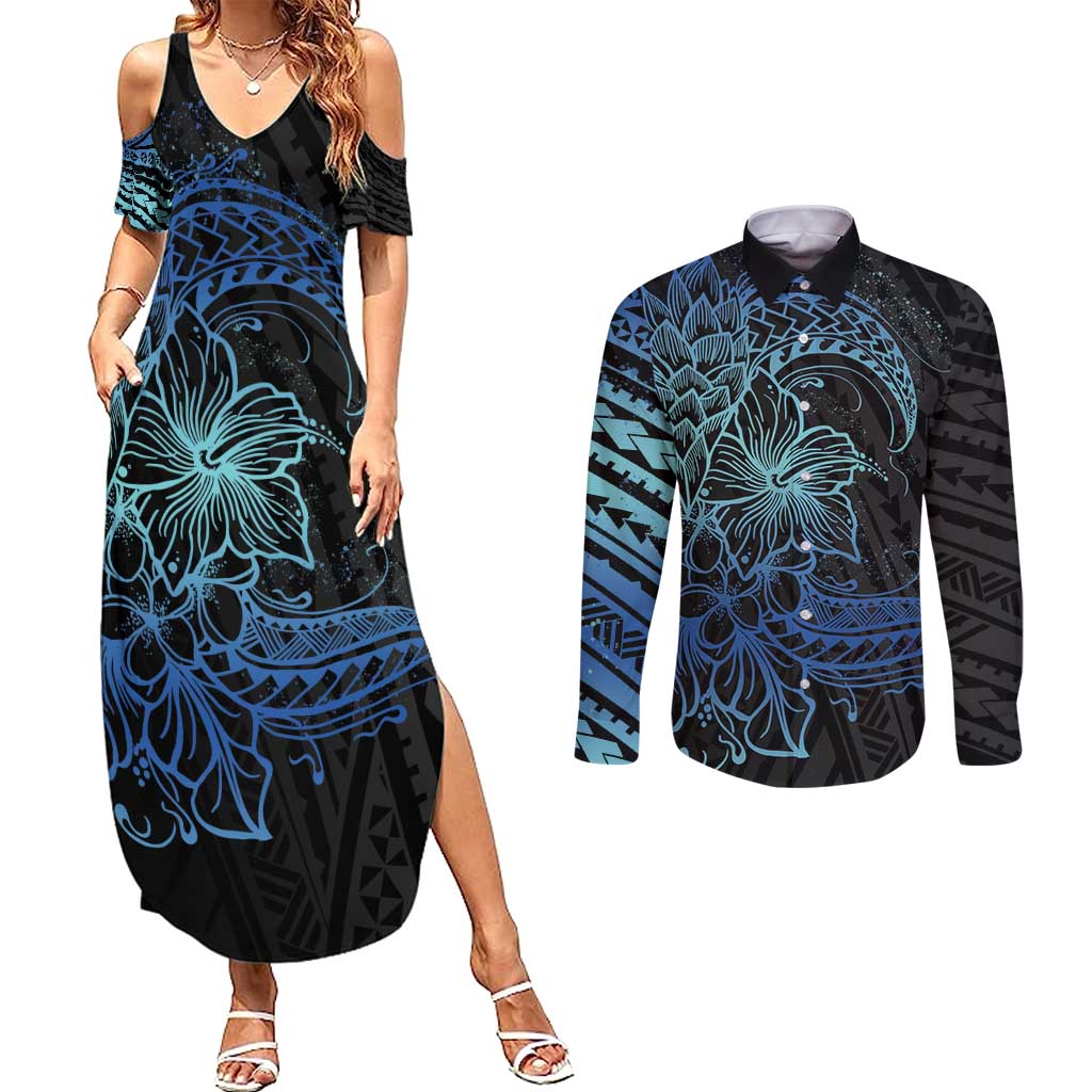 Floral Polynesian Hibiscus Tattoo Couples Matching Summer Maxi Dress and Long Sleeve Button Shirt Blue Gradient Style LT9 Blue - Polynesian Pride