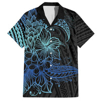 Floral Polynesian Hibiscus Tattoo Family Matching Long Sleeve Bodycon Dress and Hawaiian Shirt Blue Gradient Style LT9 Dad's Shirt - Short Sleeve Blue - Polynesian Pride