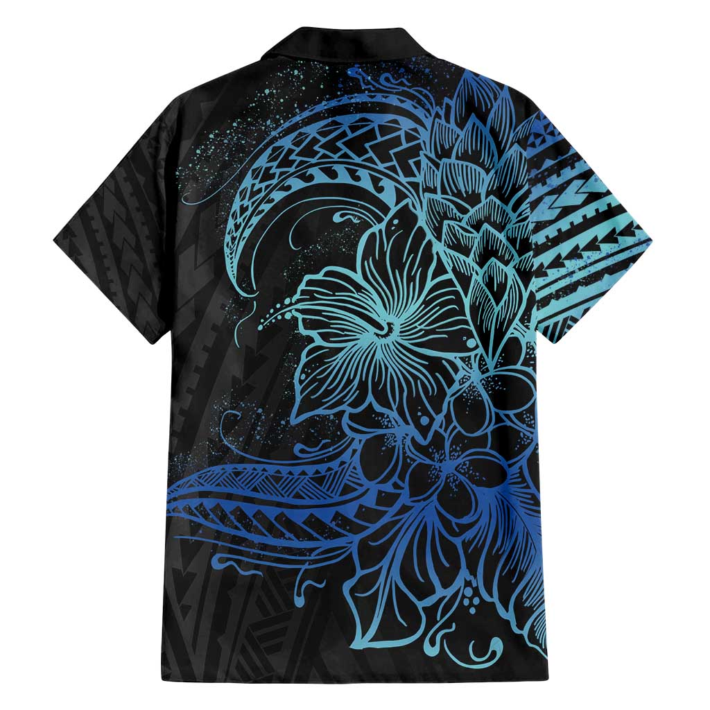 Floral Polynesian Hibiscus Tattoo Family Matching Long Sleeve Bodycon Dress and Hawaiian Shirt Blue Gradient Style LT9 - Polynesian Pride