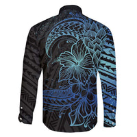 Floral Polynesian Hibiscus Tattoo Family Matching Long Sleeve Bodycon Dress and Hawaiian Shirt Blue Gradient Style LT9 - Polynesian Pride