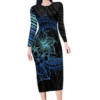 Floral Polynesian Hibiscus Tattoo Family Matching Long Sleeve Bodycon Dress and Hawaiian Shirt Blue Gradient Style LT9 Mom's Dress Blue - Polynesian Pride
