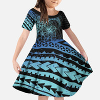 Floral Polynesian Hibiscus Tattoo Family Matching Mermaid Dress and Hawaiian Shirt Blue Gradient Style LT9 Daughter's Dress Blue - Polynesian Pride