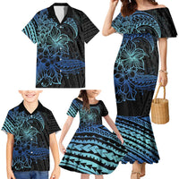 Floral Polynesian Hibiscus Tattoo Family Matching Mermaid Dress and Hawaiian Shirt Blue Gradient Style LT9 - Polynesian Pride