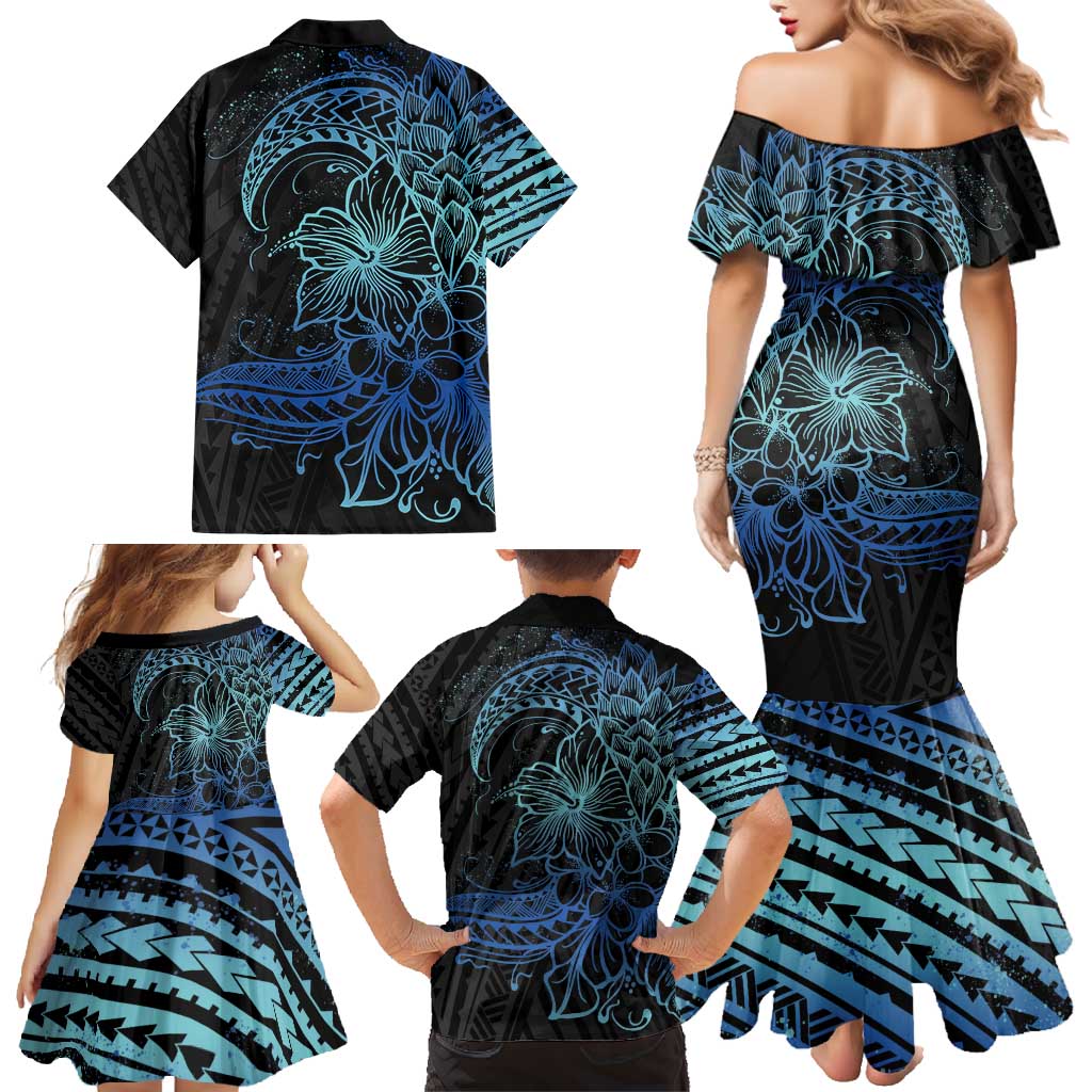 Floral Polynesian Hibiscus Tattoo Family Matching Mermaid Dress and Hawaiian Shirt Blue Gradient Style LT9 - Polynesian Pride