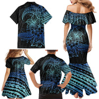 Floral Polynesian Hibiscus Tattoo Family Matching Mermaid Dress and Hawaiian Shirt Blue Gradient Style LT9 - Polynesian Pride