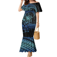 Floral Polynesian Hibiscus Tattoo Family Matching Mermaid Dress and Hawaiian Shirt Blue Gradient Style LT9 Mom's Dress Blue - Polynesian Pride