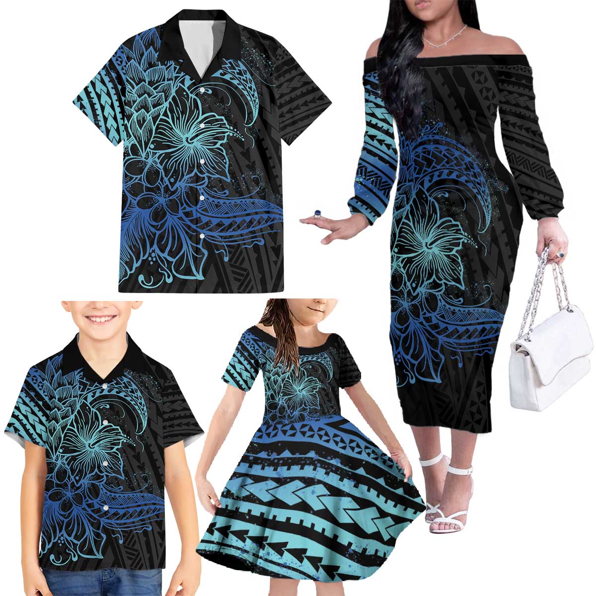 Floral Polynesian Hibiscus Tattoo Family Matching Off The Shoulder Long Sleeve Dress and Hawaiian Shirt Blue Gradient Style LT9 - Polynesian Pride