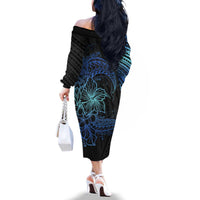 Floral Polynesian Hibiscus Tattoo Family Matching Off The Shoulder Long Sleeve Dress and Hawaiian Shirt Blue Gradient Style LT9 - Polynesian Pride