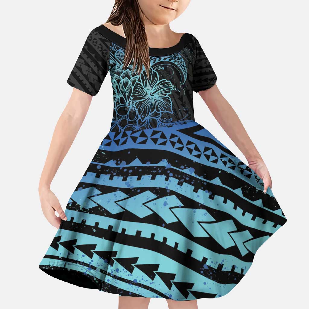 Floral Polynesian Hibiscus Tattoo Family Matching Off Shoulder Maxi Dress and Hawaiian Shirt Blue Gradient Style LT9 Daughter's Dress Blue - Polynesian Pride