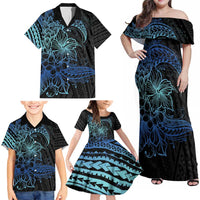 Floral Polynesian Hibiscus Tattoo Family Matching Off Shoulder Maxi Dress and Hawaiian Shirt Blue Gradient Style LT9 - Polynesian Pride