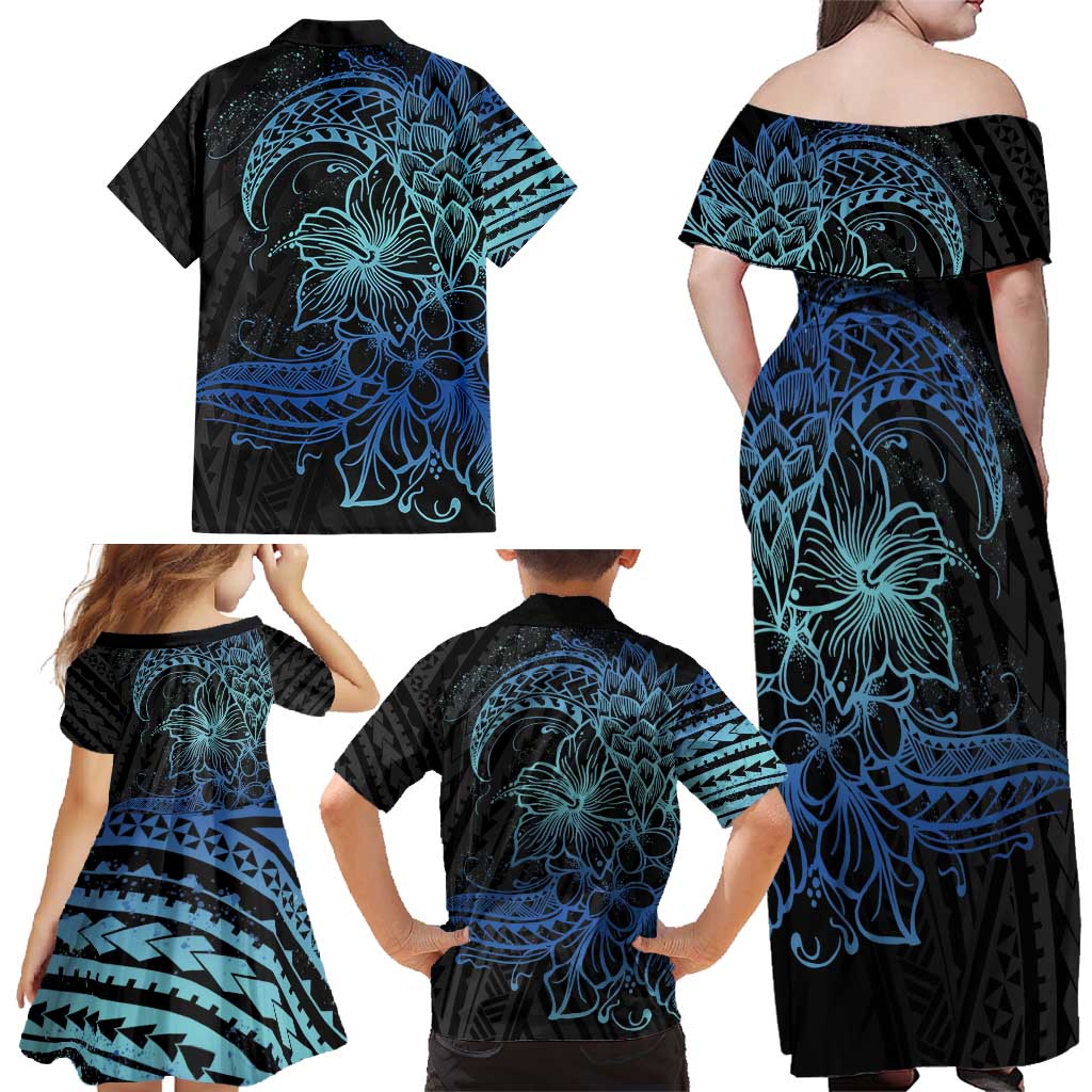 Floral Polynesian Hibiscus Tattoo Family Matching Off Shoulder Maxi Dress and Hawaiian Shirt Blue Gradient Style LT9 - Polynesian Pride