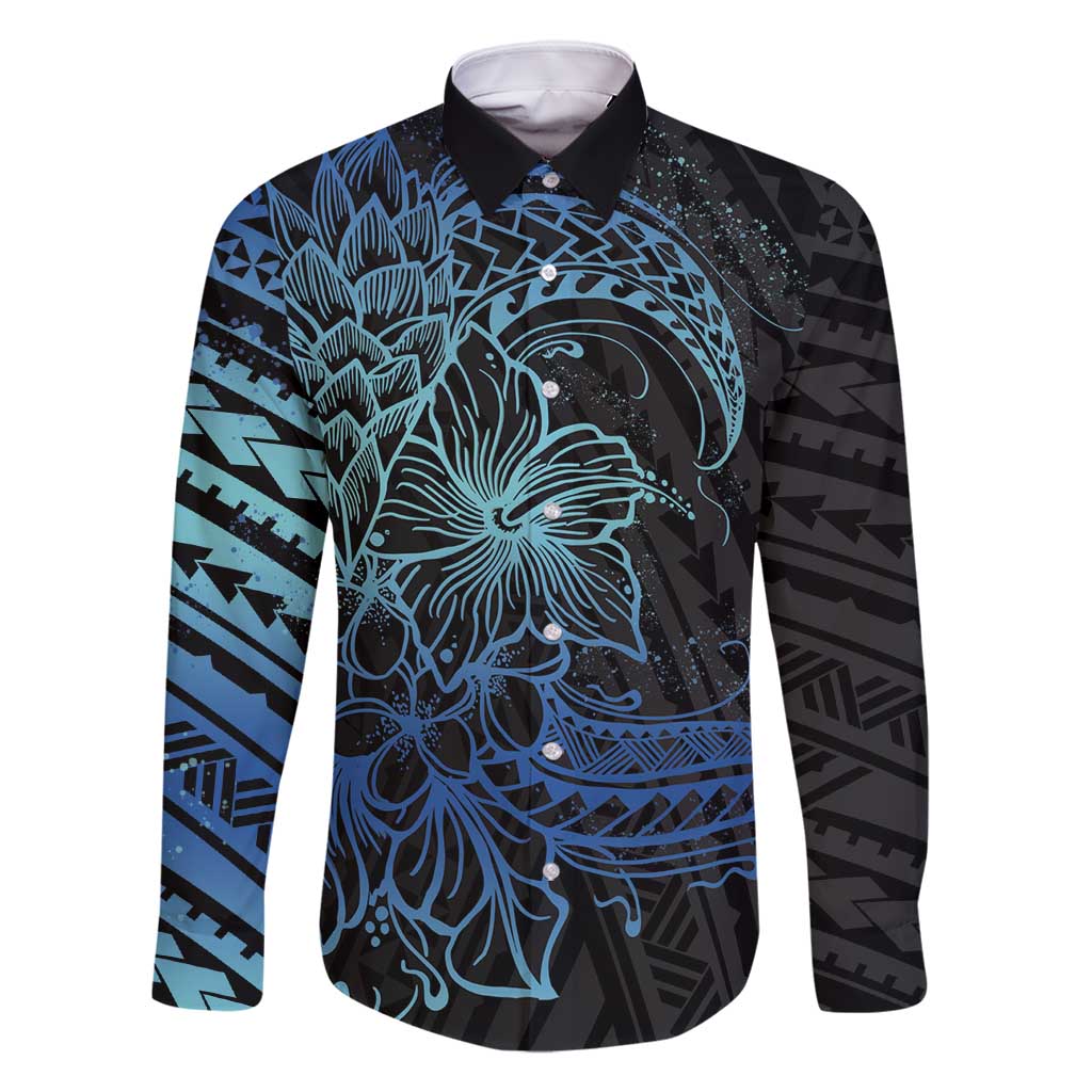 Floral Polynesian Hibiscus Tattoo Family Matching Off Shoulder Maxi Dress and Hawaiian Shirt Blue Gradient Style LT9 Dad's Shirt - Long Sleeve Blue - Polynesian Pride