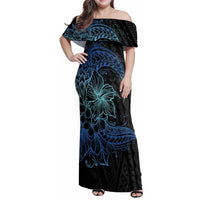 Floral Polynesian Hibiscus Tattoo Family Matching Off Shoulder Maxi Dress and Hawaiian Shirt Blue Gradient Style LT9 Mom's Dress Blue - Polynesian Pride