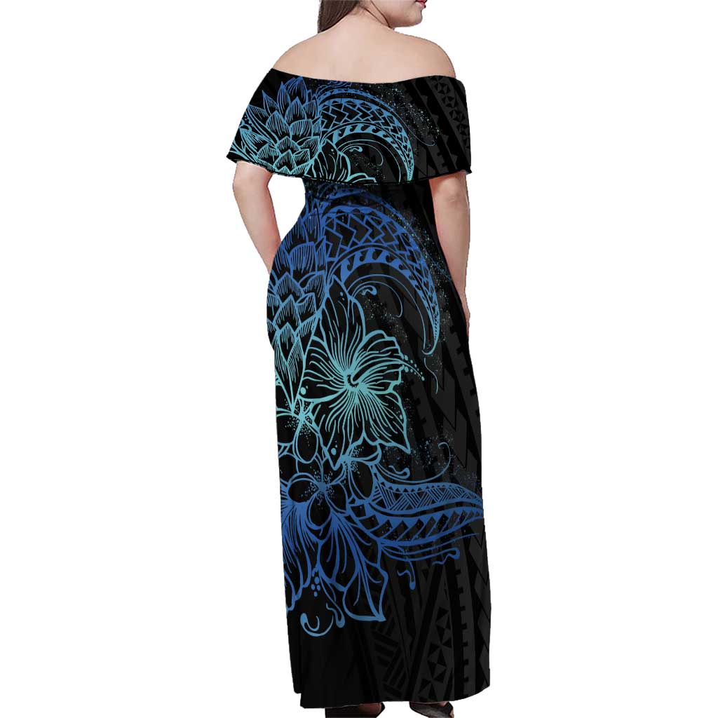 Floral Polynesian Hibiscus Tattoo Family Matching Off Shoulder Maxi Dress and Hawaiian Shirt Blue Gradient Style LT9 - Polynesian Pride