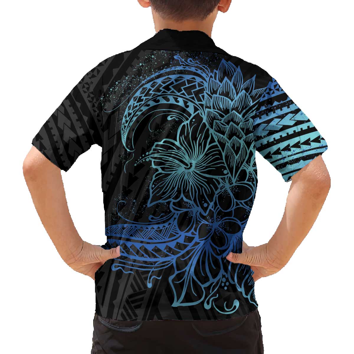 Floral Polynesian Hibiscus Tattoo Family Matching Off Shoulder Short Dress and Hawaiian Shirt Blue Gradient Style LT9 - Polynesian Pride
