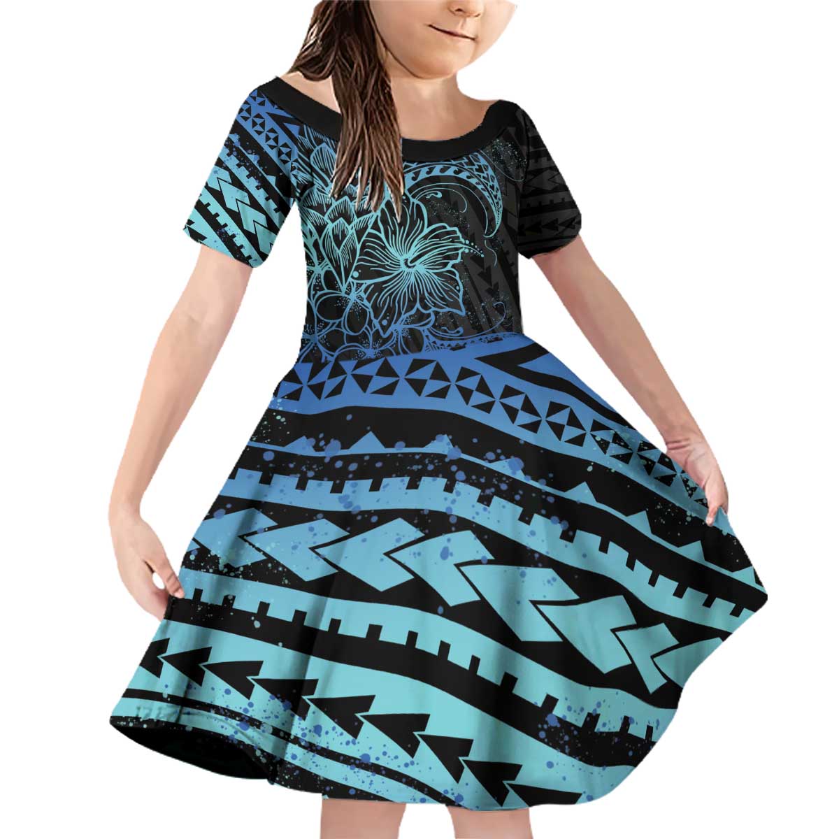 Floral Polynesian Hibiscus Tattoo Family Matching Off Shoulder Short Dress and Hawaiian Shirt Blue Gradient Style LT9 Daughter's Dress Blue - Polynesian Pride