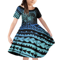 Floral Polynesian Hibiscus Tattoo Family Matching Off Shoulder Short Dress and Hawaiian Shirt Blue Gradient Style LT9 Daughter's Dress Blue - Polynesian Pride