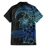 Floral Polynesian Hibiscus Tattoo Family Matching Off Shoulder Short Dress and Hawaiian Shirt Blue Gradient Style LT9 - Polynesian Pride