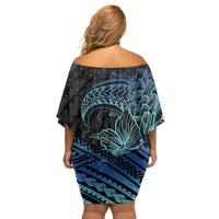 Floral Polynesian Hibiscus Tattoo Family Matching Off Shoulder Short Dress and Hawaiian Shirt Blue Gradient Style LT9 - Polynesian Pride
