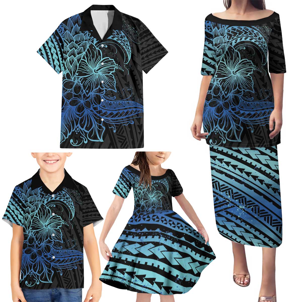 Floral Polynesian Hibiscus Tattoo Family Matching Puletasi and Hawaiian Shirt Blue Gradient Style LT9 - Polynesian Pride