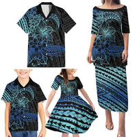 Floral Polynesian Hibiscus Tattoo Family Matching Puletasi and Hawaiian Shirt Blue Gradient Style LT9 - Polynesian Pride
