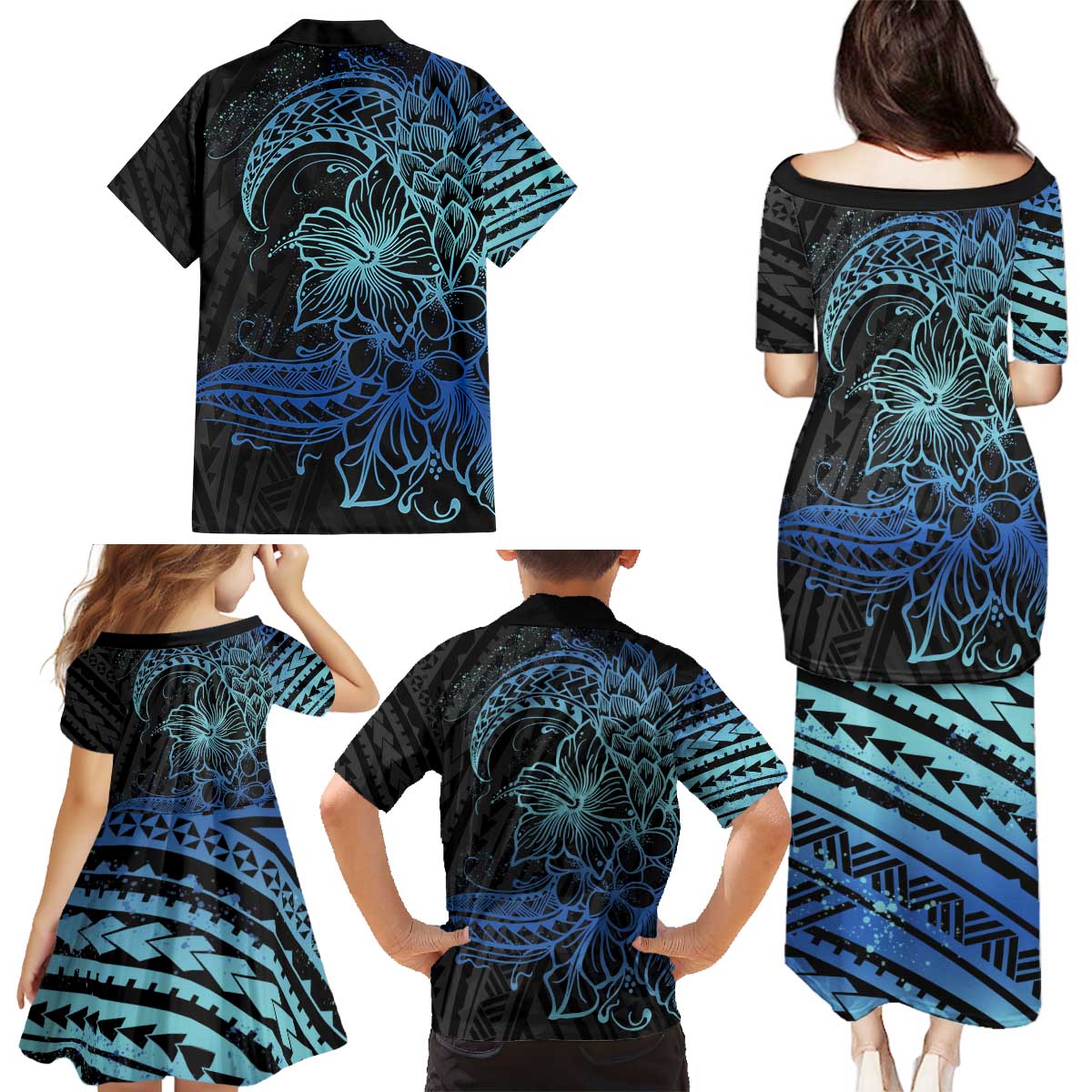 Floral Polynesian Hibiscus Tattoo Family Matching Puletasi and Hawaiian Shirt Blue Gradient Style LT9 - Polynesian Pride