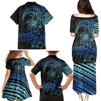 Floral Polynesian Hibiscus Tattoo Family Matching Puletasi and Hawaiian Shirt Blue Gradient Style LT9 - Polynesian Pride