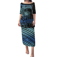 Floral Polynesian Hibiscus Tattoo Family Matching Puletasi and Hawaiian Shirt Blue Gradient Style LT9 Mom's Dress Blue - Polynesian Pride