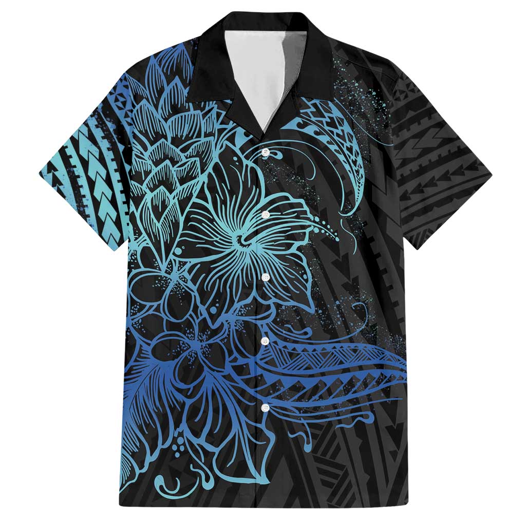 Floral Polynesian Hibiscus Tattoo Family Matching Short Sleeve Bodycon Dress and Hawaiian Shirt Blue Gradient Style LT9 Dad's Shirt - Short Sleeve Blue - Polynesian Pride