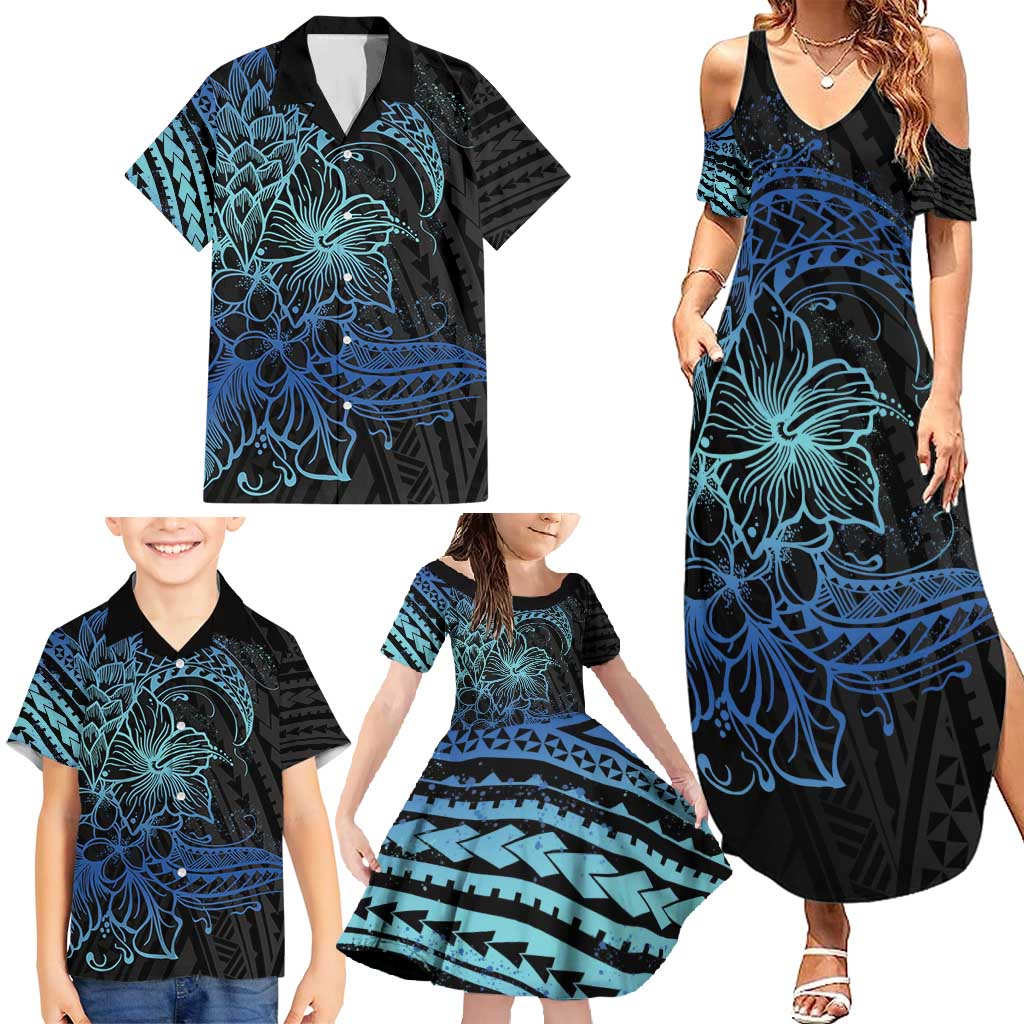 Floral Polynesian Hibiscus Tattoo Family Matching Summer Maxi Dress and Hawaiian Shirt Blue Gradient Style LT9 - Polynesian Pride