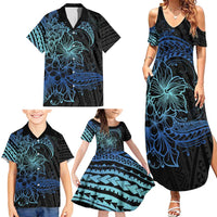 Floral Polynesian Hibiscus Tattoo Family Matching Summer Maxi Dress and Hawaiian Shirt Blue Gradient Style LT9 - Polynesian Pride