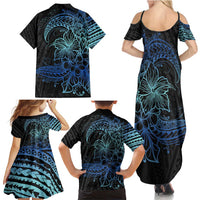 Floral Polynesian Hibiscus Tattoo Family Matching Summer Maxi Dress and Hawaiian Shirt Blue Gradient Style LT9 - Polynesian Pride