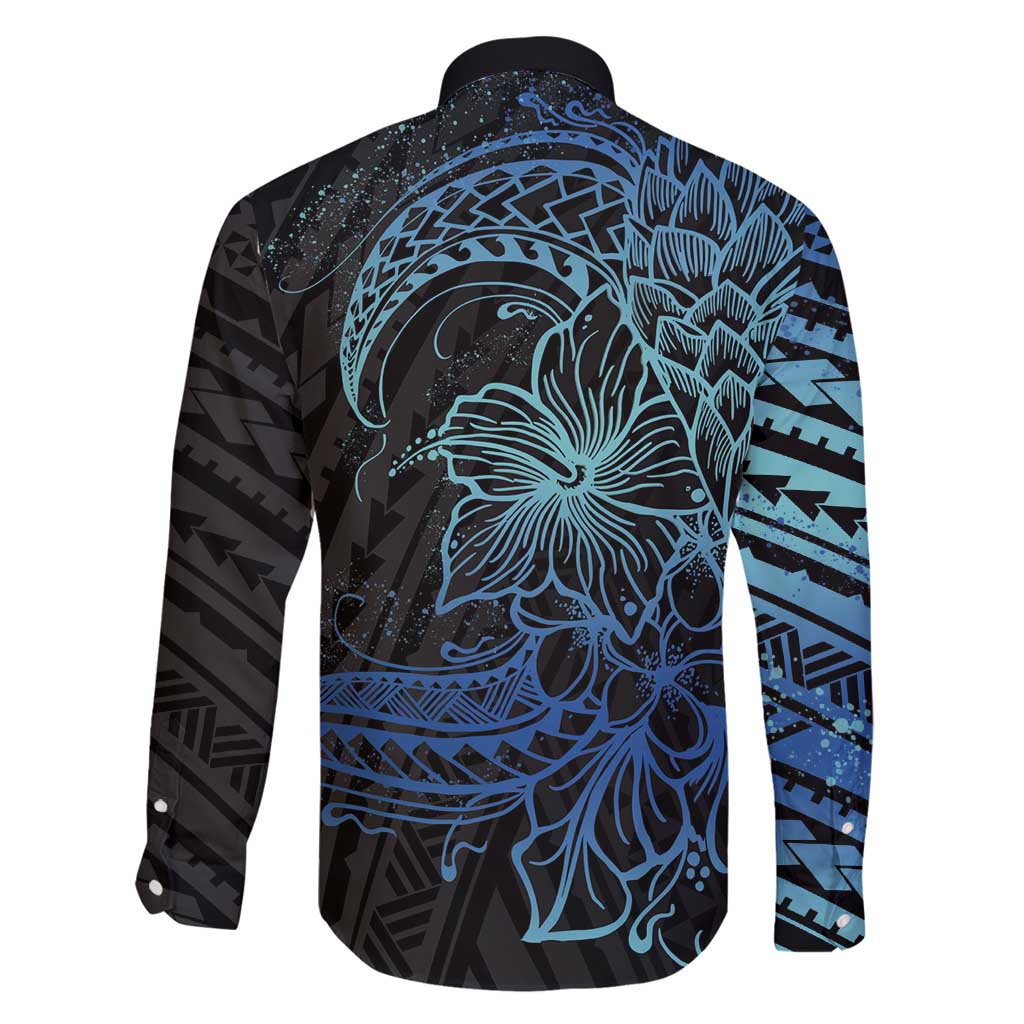 Floral Polynesian Hibiscus Tattoo Family Matching Summer Maxi Dress and Hawaiian Shirt Blue Gradient Style LT9 - Polynesian Pride