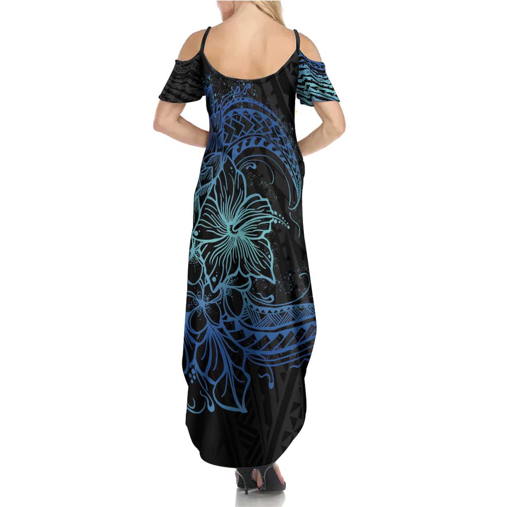 Floral Polynesian Hibiscus Tattoo Family Matching Summer Maxi Dress and Hawaiian Shirt Blue Gradient Style LT9 - Polynesian Pride