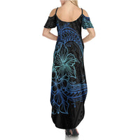 Floral Polynesian Hibiscus Tattoo Family Matching Summer Maxi Dress and Hawaiian Shirt Blue Gradient Style LT9 - Polynesian Pride