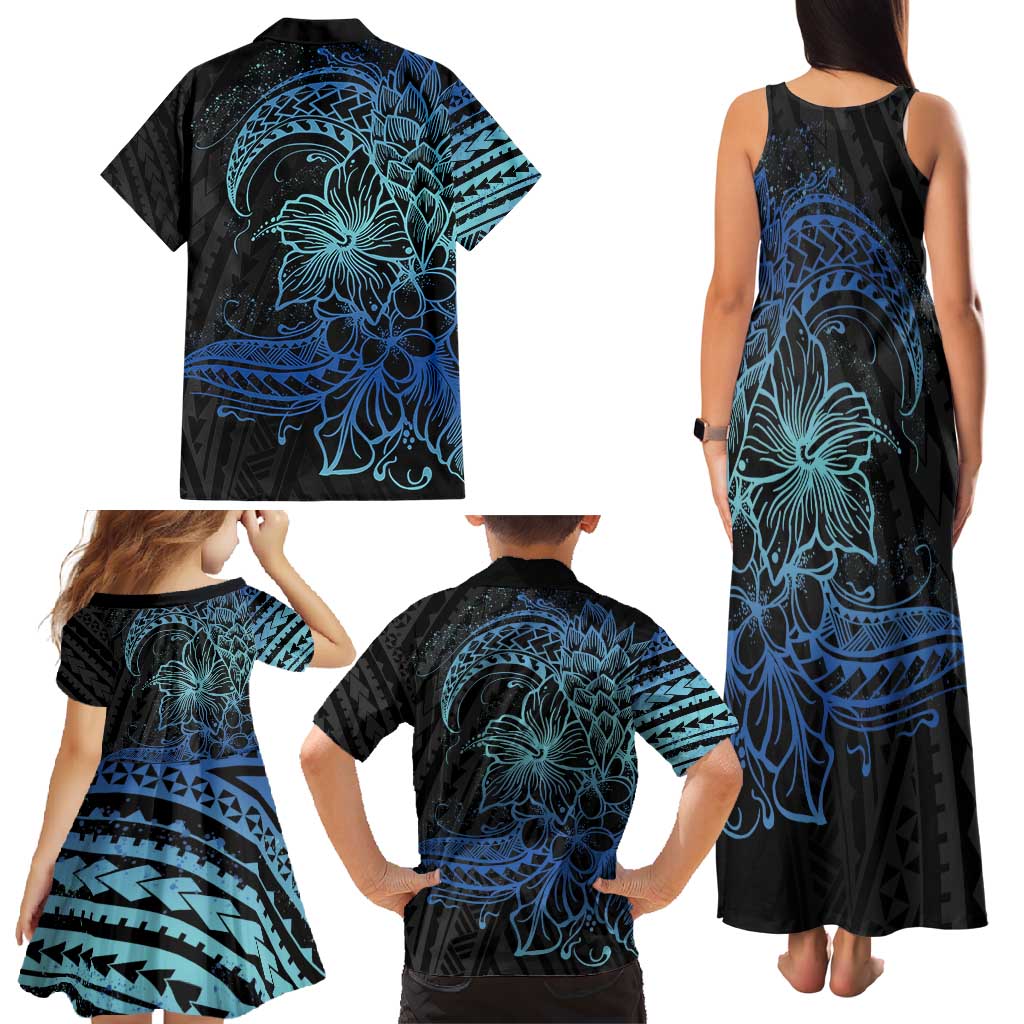 Floral Polynesian Hibiscus Tattoo Family Matching Tank Maxi Dress and Hawaiian Shirt Blue Gradient Style LT9 - Polynesian Pride