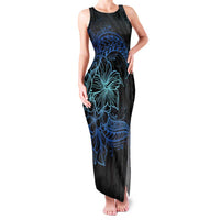 Floral Polynesian Hibiscus Tattoo Family Matching Tank Maxi Dress and Hawaiian Shirt Blue Gradient Style LT9 Mom's Dress Blue - Polynesian Pride