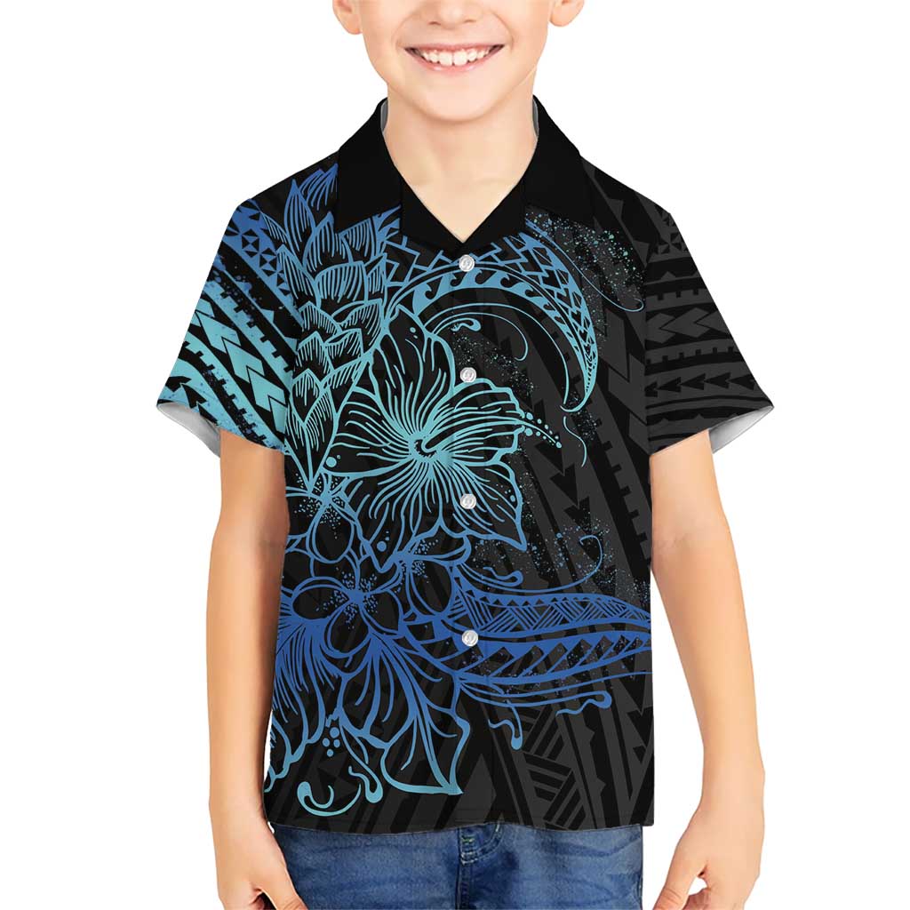 Floral Polynesian Hibiscus Tattoo Kid Hawaiian Shirt Blue Gradient Style LT9 Kid Blue - Polynesian Pride